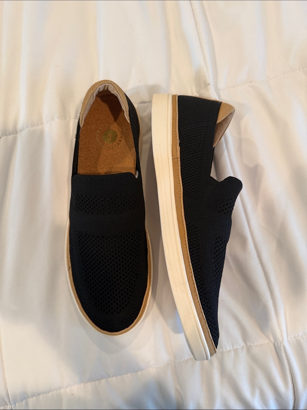 REVITALIGN Black Knit Slip-On Sneakers with Tan Accents